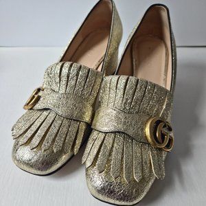 Gucci Gold Metallic Marmont Fringe Loafer EU 37 1/2